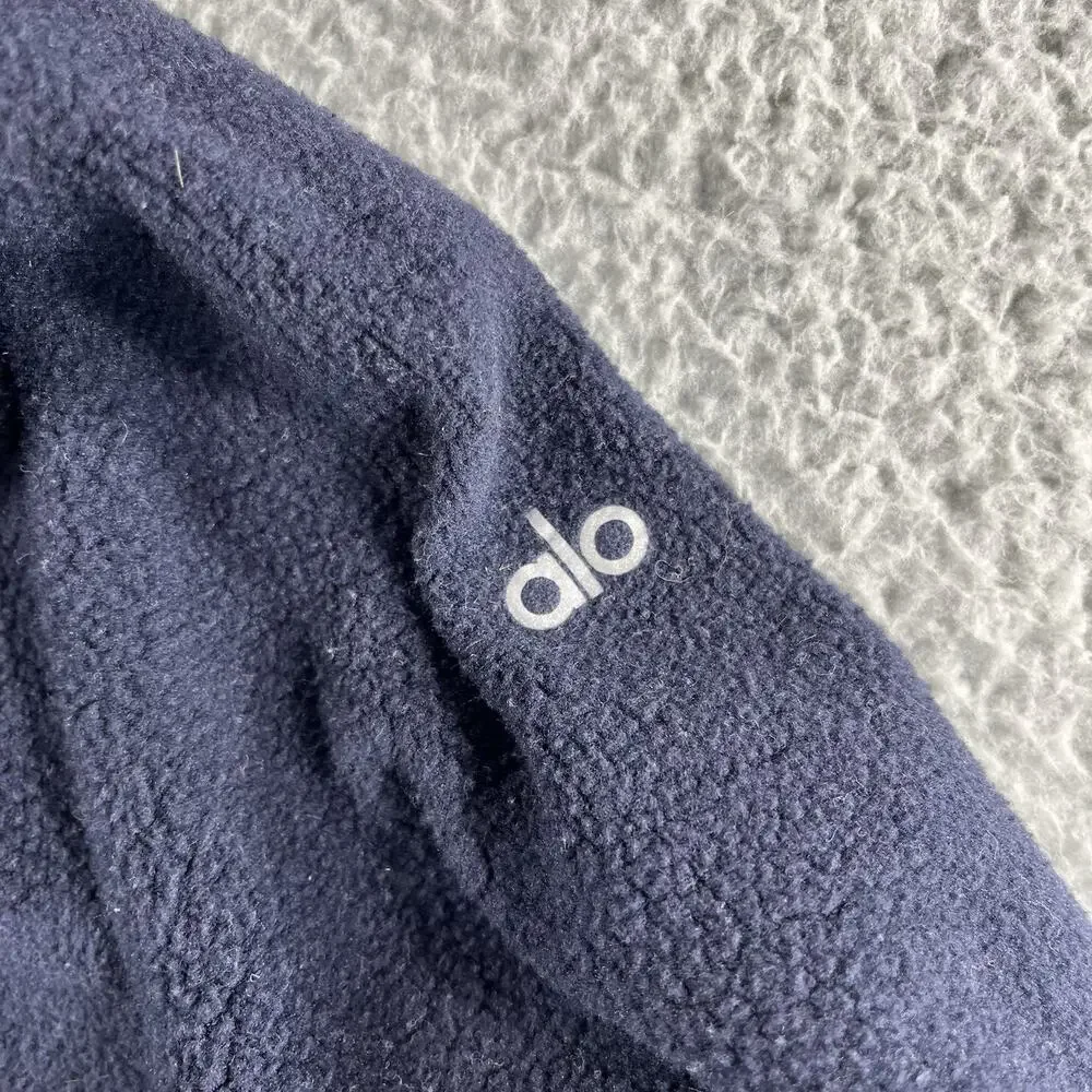Alo Yoga Haze Funnel Neck Fleece Pullover Navy Blue Thumbholes Pleated Back S